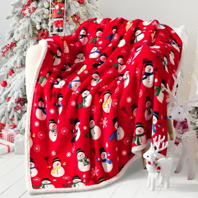 Penguins and Snowmen Pattern Blanket: Festive Red Winter Design