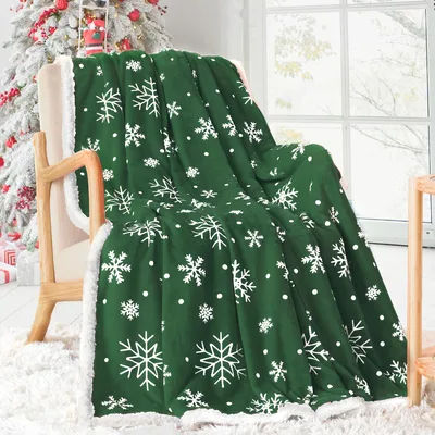 Snowflake Pattern Green Blanket featuring white snowflakes