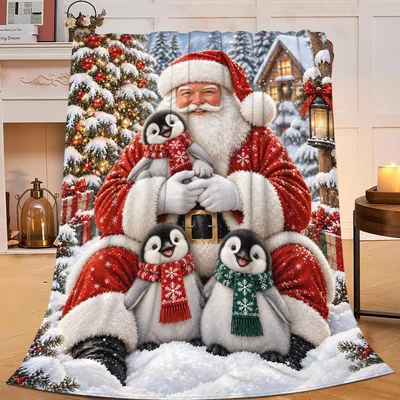 Santa with Penguins Blanket: Festive Santa and Penguin Friends