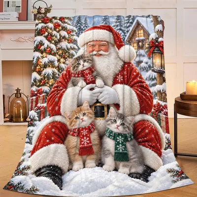 Santa with Kittens Blanket: Festive Santa Claus and Three Scarfed Cats