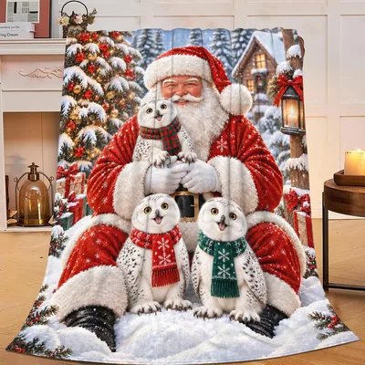Santa with Snowy Owls Blanket: Festive Santa and Three Owls in Winter