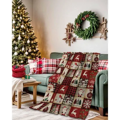 Christmas Elk Plaid Pattern Blanket: Retro Holiday Patchwork Design