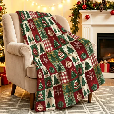 Rustic Christmas Blanket: Patchwork Holiday Trees and Ornaments Design