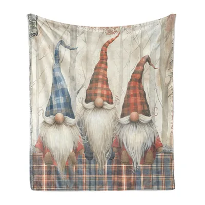 Three Gnomes with Plaid Blanket featuring three bearded forest figures
