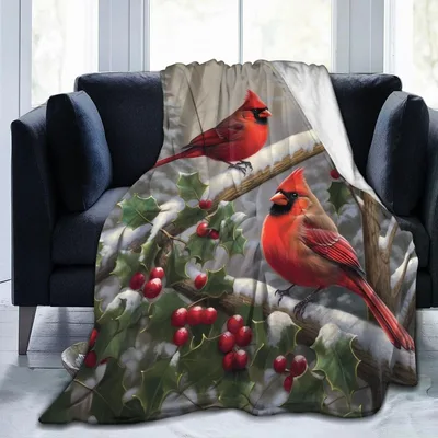 Cardinal Birds Holly Berries Blanket Winter Bird Art