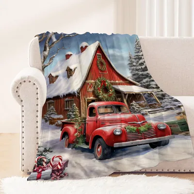 Red Truck Snowy Farmhouse Blanket: Vintage Holiday Scene