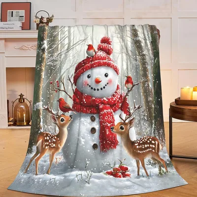 Snowman and Deer Winter Blanket: Cozy Forest Scene with Red Birds