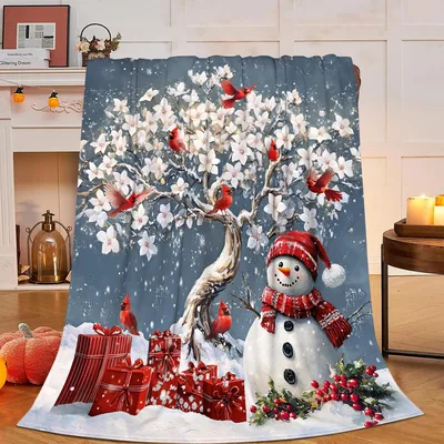 Snowman and Cardinals Winter Blanket featuring a festive snowman