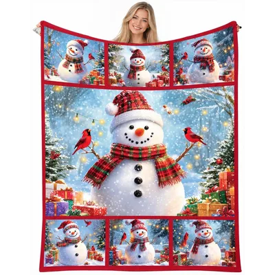 Snowman with Cardinal Christmas Blanket: Festive Winter Scene