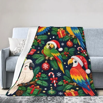 Christmas Parrots with Santa Blanket: Festive Birds on Pine Branches