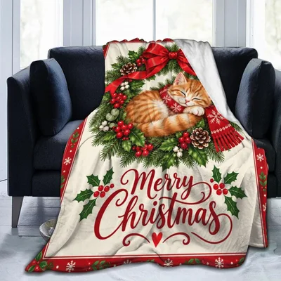 Orange Cat Merry Christmas Blanket: Festive Wreath Design