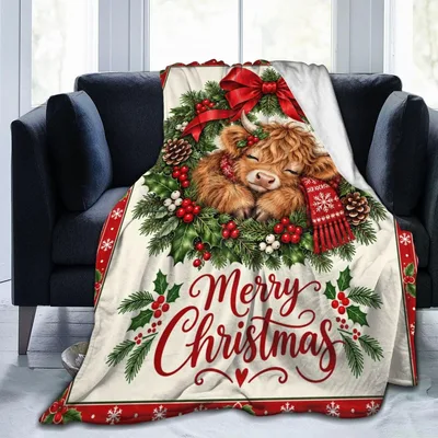 Highland Cow Merry Christmas Blanket with Wreath Design