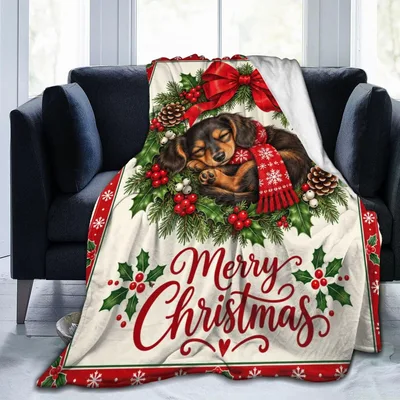 Dachshund Merry Christmas Wreath Blanket for Festive Dog Lovers