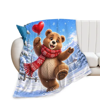 Bear Holding Red Heart Blanket: Festive Bear with Balloon in Snow