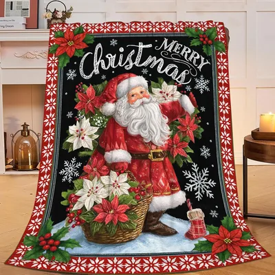 Santa with Poinsettias Christmas Blanket featuring Santa Claus