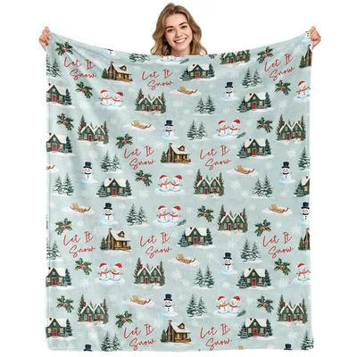 Christmas Village Snowman Pattern Blanket for Winter Cozy Vibes