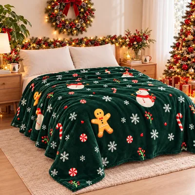 Green Gingerbread Snowflake Christmas Blanket