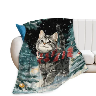 Winter Kitten Christmas Scene Blanket: Festive Tabby in Snow
