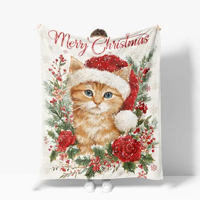 Merry Christmas Cat Blanket featuring a ginger kitten
