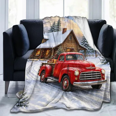 Red Truck Winter Cabin Blanket: Vintage Red Pickup and Snowy Log Home