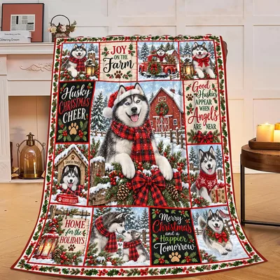 Husky Christmas Farm Patchwork Blanket Holiday Joy Design