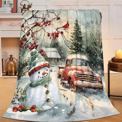 Snowman with Red Truck Blanket features a vintage red pickup