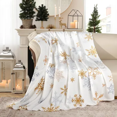 Gold Snowflakes Christmas Pattern Blanket: Winter Holiday Decor
