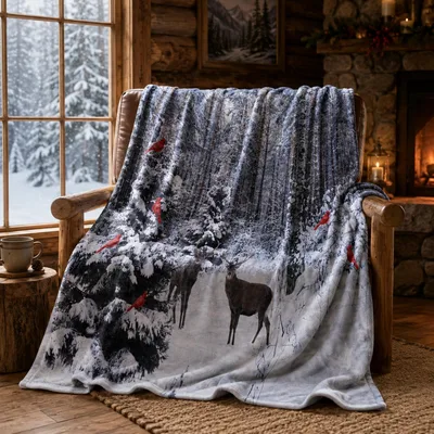 Christmas Forest Deer Winter Blanket featuring snowy pine trees