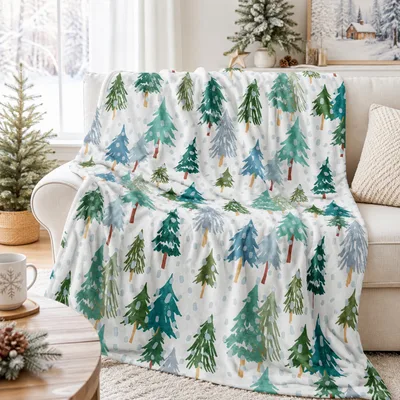 Pine Trees Christmas Pattern Blanket: Watercolor Evergreen Design
