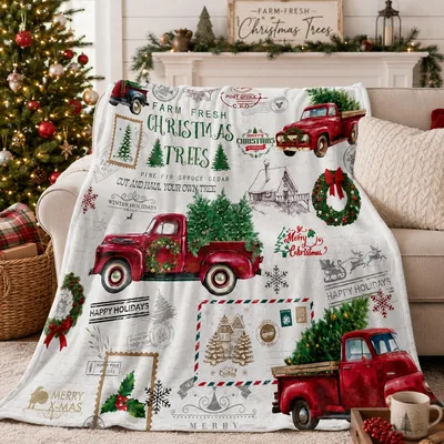 Christmas Red Truck Pickup Blanket: Vintage Holiday Tree Haul Design