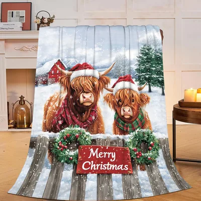 Highland Cows Merry Christmas Blanket: Festive Wreath Design