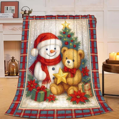 Snowman and Teddy Bear Blanket featuring a classic holiday scene