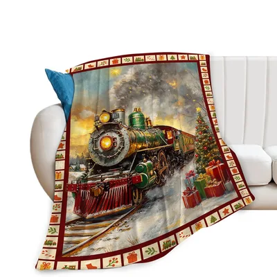 Christmas Train Winter Scene Blanket: Vintage Steam Engine Holiday Art