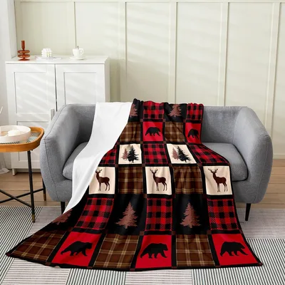 Plaid Christmas Animal Silhouettes Blanket: Holiday Deer Bear Design