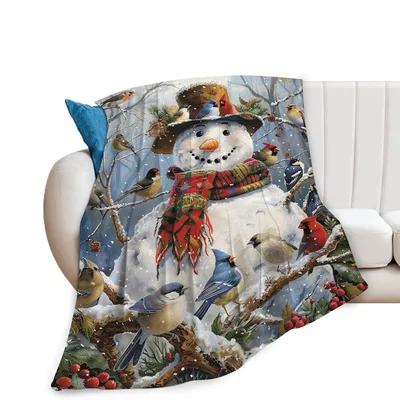 Snowman with Red Scarf Blanket: Festive Winter Scene with Birds