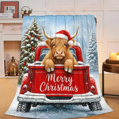 Highland Cow Merry Christmas Truck Blanket for Festive Winters