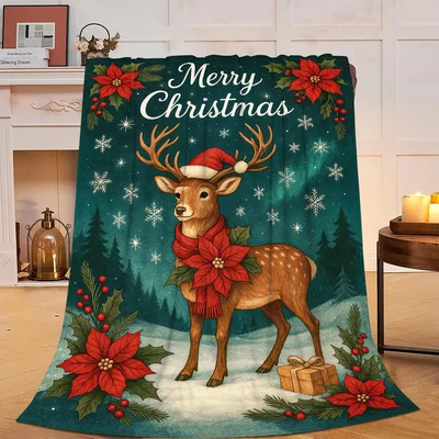 Merry Christmas Deer Blanket: Festive Reindeer with Poinsettias