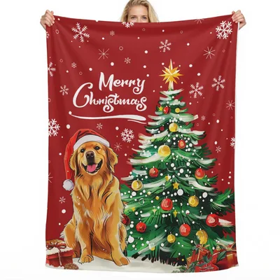 Golden Retriever Merry Christmas Blanket featuring a happy dog