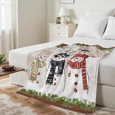 Snowman Holly Berry Winter Blanket features three smiling