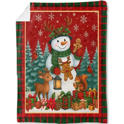 Snowman Christmas Scene Blanket: Festive Plaid Border Design