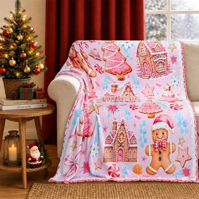 Pink Gingerbread Christmas Village Blanket: Sweet Holiday Home Design