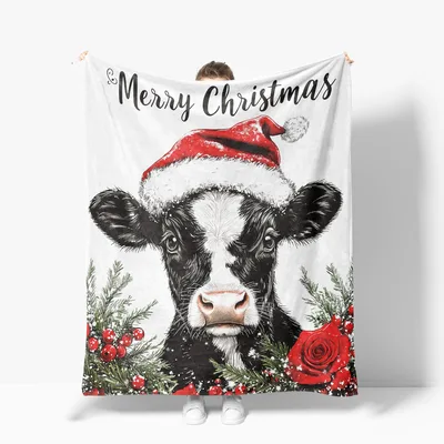 Merry Christmas Cow Santa Blanket featuring a festive calf