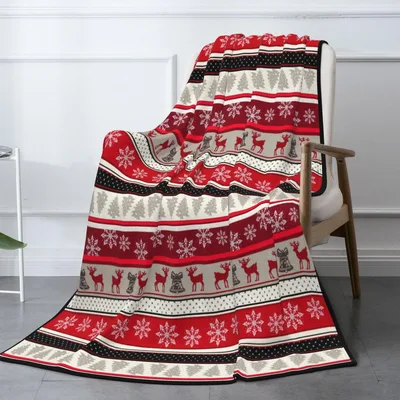 Red Reindeer Christmas Pattern Blanket with Holiday Stripes