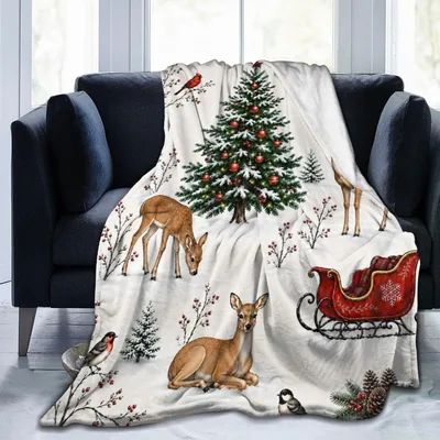 Christmas Deer and Sleigh Blanket featuring a snow-covered evergreen