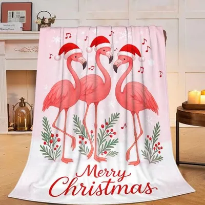 Christmas Flamingos Merry Christmas Blanket with Festive Pink Birds