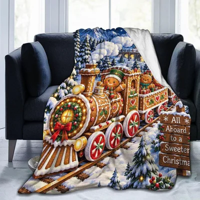 Gingerbread Train Christmas Scene Blanket: Sweet Holiday Train Design