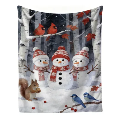 Snowman Winter Forest Scene Blanket: Three Snowmen in a Birch Wood