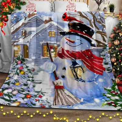 Snowman Cottage Winter Scene Blanket No. 2