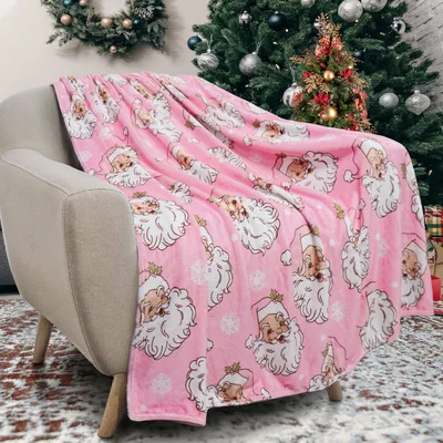 Santa Faces Pattern Blanket: Vintage Santa Illustrations on Pink