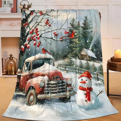Red Truck and Snowman Winter Blanket: Vintage Scene with Cardinals